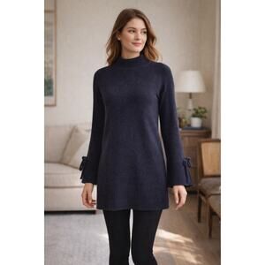 Ann Taylor Longline Wool Cashmere Tunic Sweater Navy Bell Sleeve Minimalist